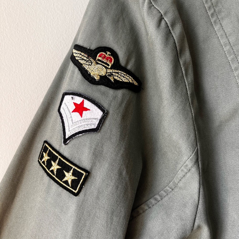 Army green fall jacket with cinch ties around waist - Picture 3 of 5